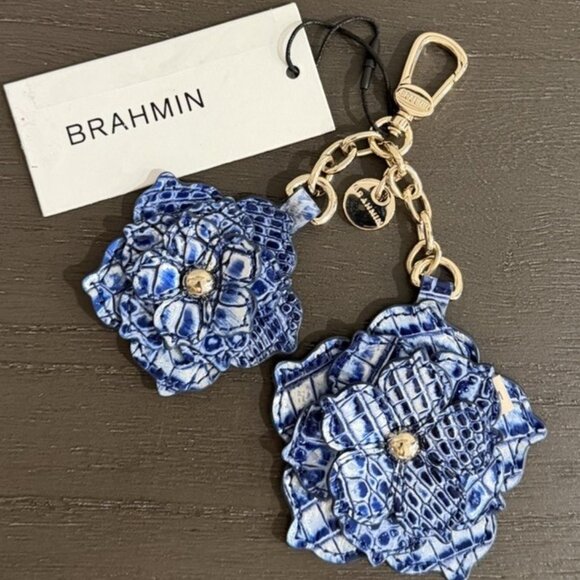 NWT $125 BRAHMIN FLOWER DUO COASTAL BLUE Leather Charm Key Fob - Picture 1 of 6
